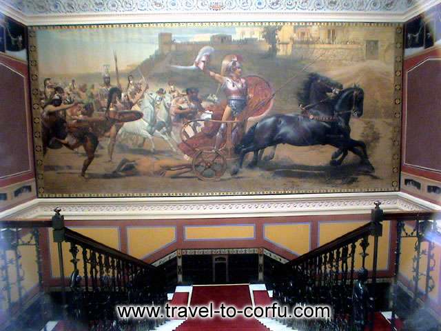 ACHILLEUS WALL PAINTING - In the large reception hall the visitor can see the impressive painting by the Austrian painter Franz Matt, showing Achille?s dragging the dead Hector behind his chariot before the walls of Troy. 
